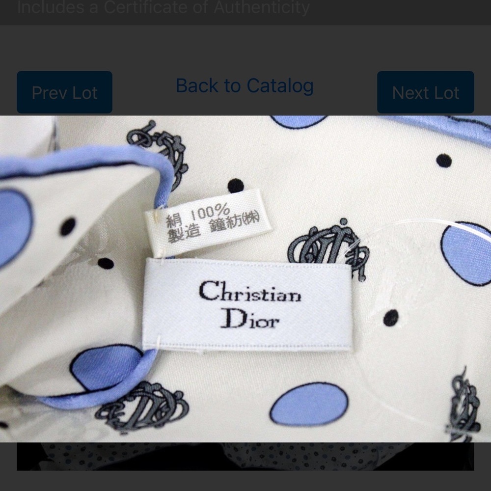 Authentic Dior White and Light Blue Polka Dot Silk Scarf with Black Emblem - Picture 3 of 7